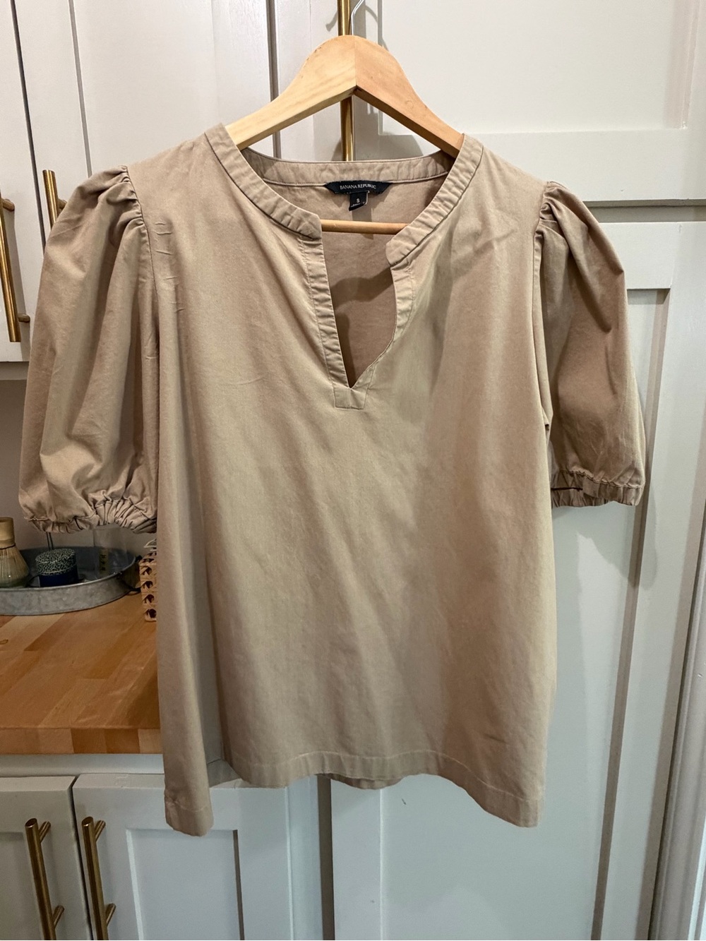 Banana Republic Beige Puff-Sleeve Cotton Tunic Top